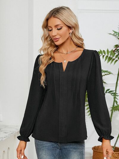 Notched Flounce Sleeve Blouse - Flyclothing LLC