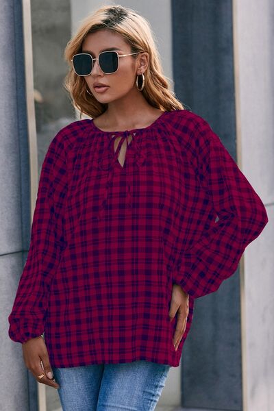 Plaid Tie Neck Balloon Sleeve Blouse - Flyclothing LLC