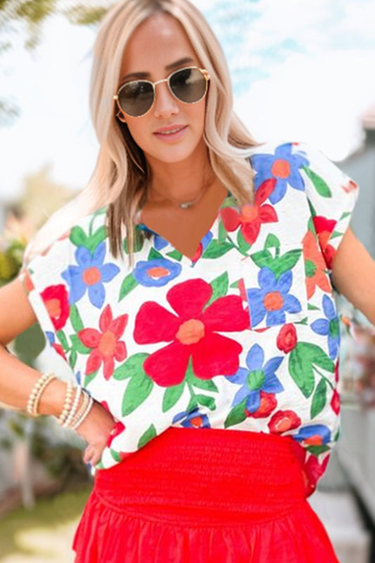 Floral V-Neck Short Sleeve Top - Flyclothing LLC