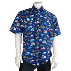 Men’s Retro Campers Print Short Sleeve Western Shirt in Navy - Flyclothing LLC