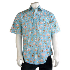 Rockmount Clothing Mens Retro Camper Print Short Sleeve Western Shirt In Turquoise - Flyclothing LLC