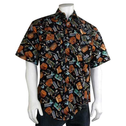 Rockmount Clothing Mens Gone Fishing Print Short Sleeve Western Shirt In Black - Flyclothing LLC