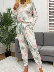 Tie-Dye Round Neck Top and Drawstring Pants Lounge Set - Flyclothing LLC