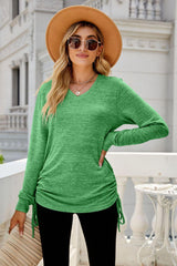 Heathered Drawstring V-Neck Top - Trendsi