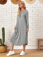 Pocketed Round Neck Long Sleeve Tee Dress - Flyclothing LLC