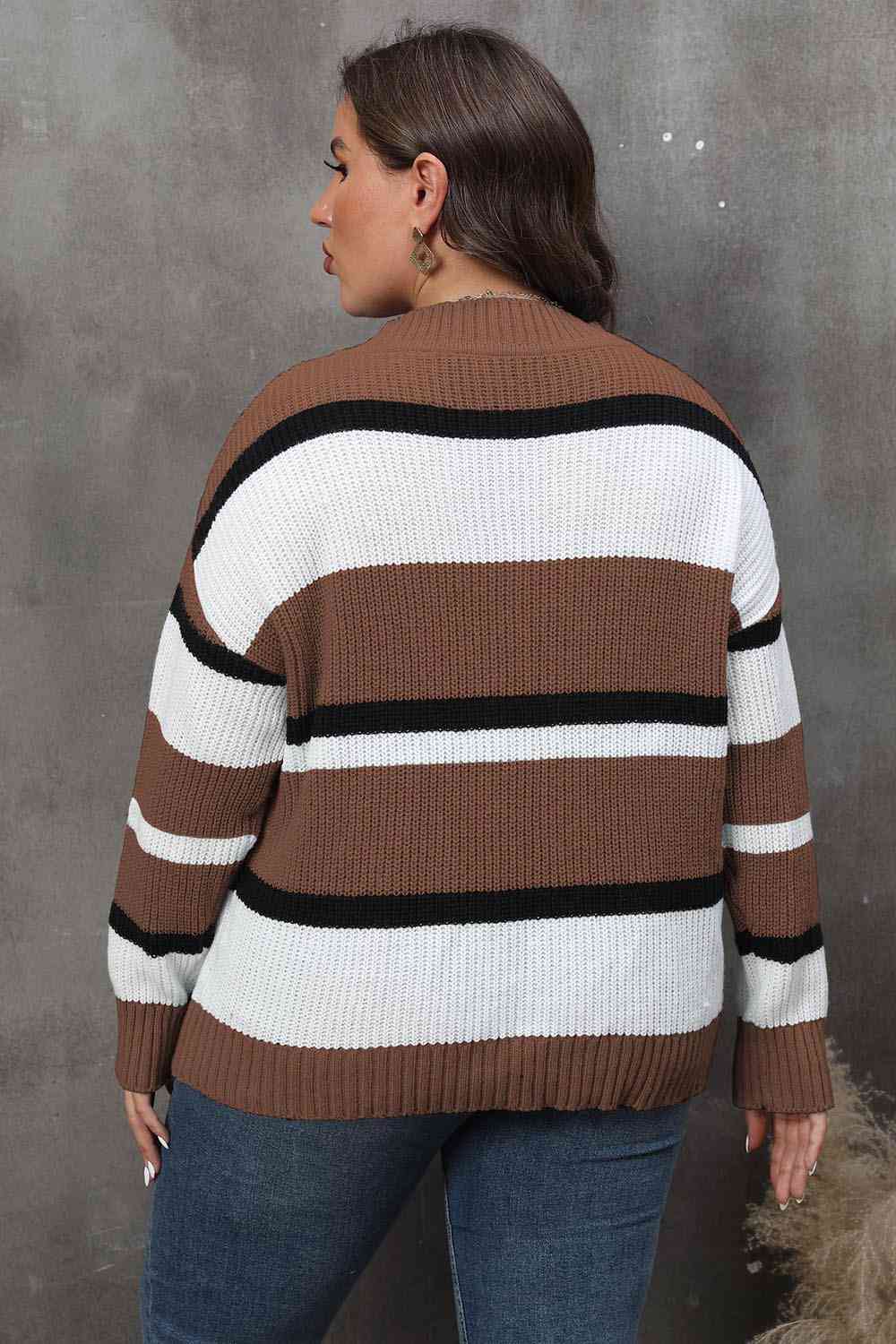 Plus Size Striped V-Neck Dropped Shoulder Sweater - Flyclothing LLC