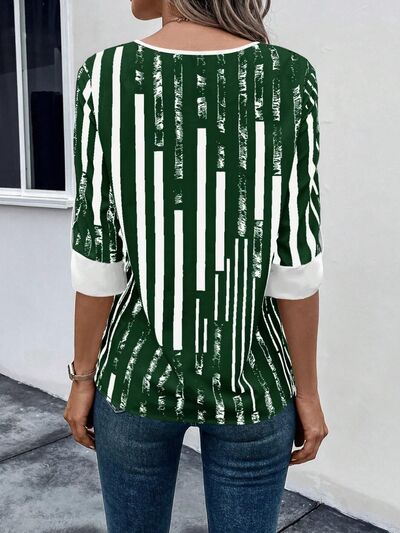 Striped Notched Half Sleeve Blouse - Flyclothing LLC