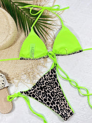 Leopard Print Halter Neck Tie Side Bikini Set - Trendsi