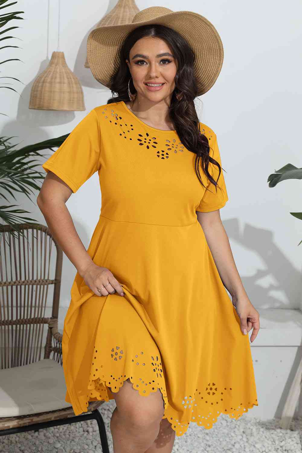 Plus Size Round Neck Openwork Dress - Flyclothing LLC