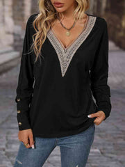 Contrast V-Neck Long Sleeve Top - Flyclothing LLC