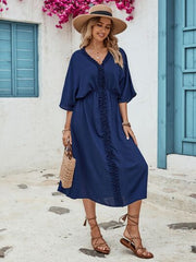 Frill Slit V-Neck Three-Quarter Sleeve Dress - Flyclothing LLC