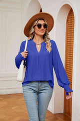 Notched Neck Flounce Sleeve Blouse - Flyclothing LLC