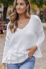 Openwork V-Neck Long Sleeve Knit Top - Flyclothing LLC