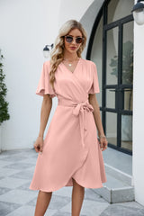 Tie Waist Flutter Sleeve Surplice Dress - Flyclothing LLC