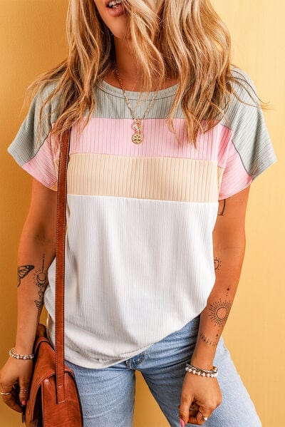 Color Block Round Neck Short Sleeve T-Shirt - Trendsi