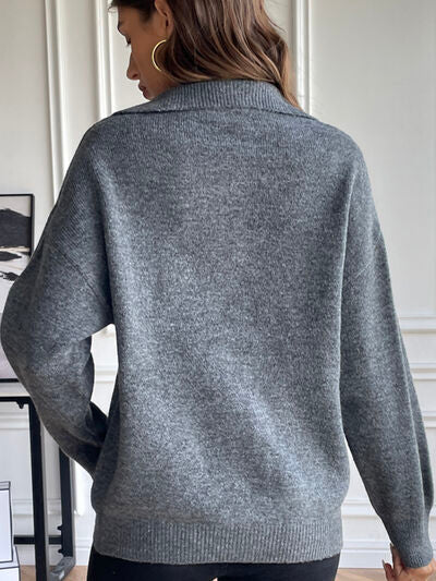 Half Zip Dropped Shoulder Sweater - Flyclothing LLC