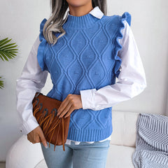 Ruffle Shoulder Ribbed Trim Sweater Vest - Flyclothing LLC