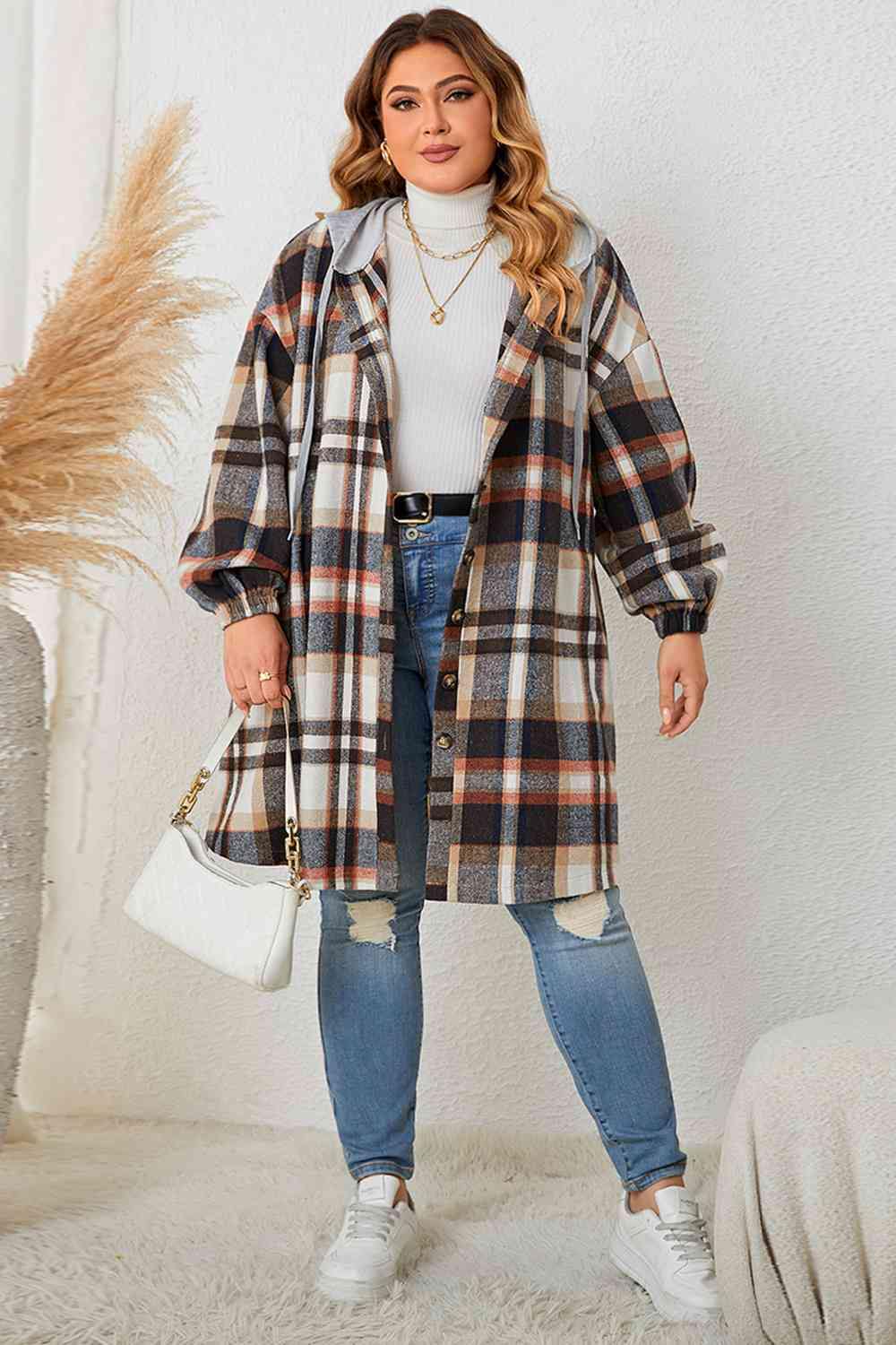 Plus Size Plaid Drop Shoulder Hooded Coat - Flyclothing LLC