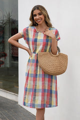 Plaid Round Neck Cap Sleeve Dress - Flyclothing LLC