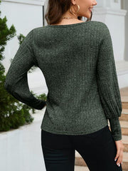 Ribbed Round Neck Lantern Sleeve Knit Top - Flyclothing LLC