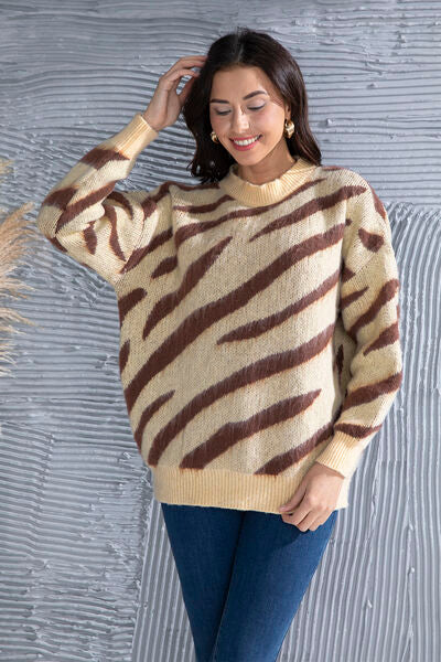 Animal Element Round Neck Dropped Shoulder Sweater - Flyclothing LLC