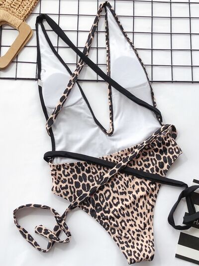 Tied Leopard Plunge One-Piece Swimwear - Flyclothing LLC