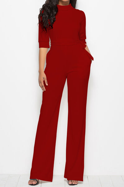 Mock Neck Tie-Waist Half Sleeve Jumpsuit - Flyclothing LLC