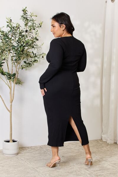 Culture Code Full Size Ribbed Long Sleeve Midi Slit Dress - Flyclothing LLC