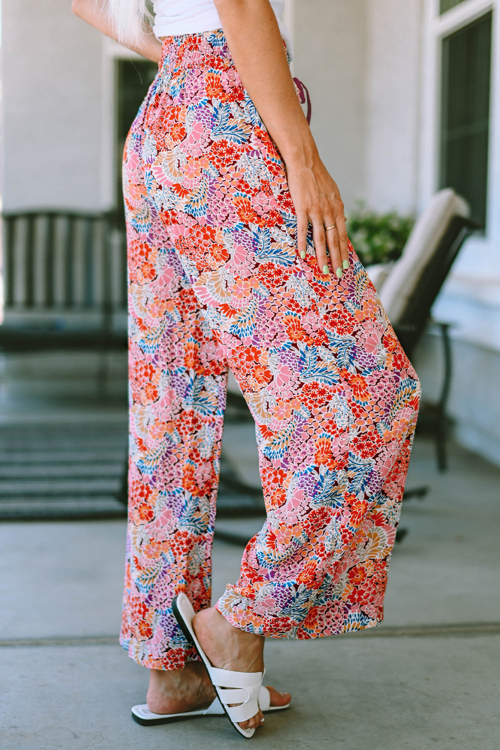 Printed Tie Waist Wide Leg Long Pants - Flyclothing LLC