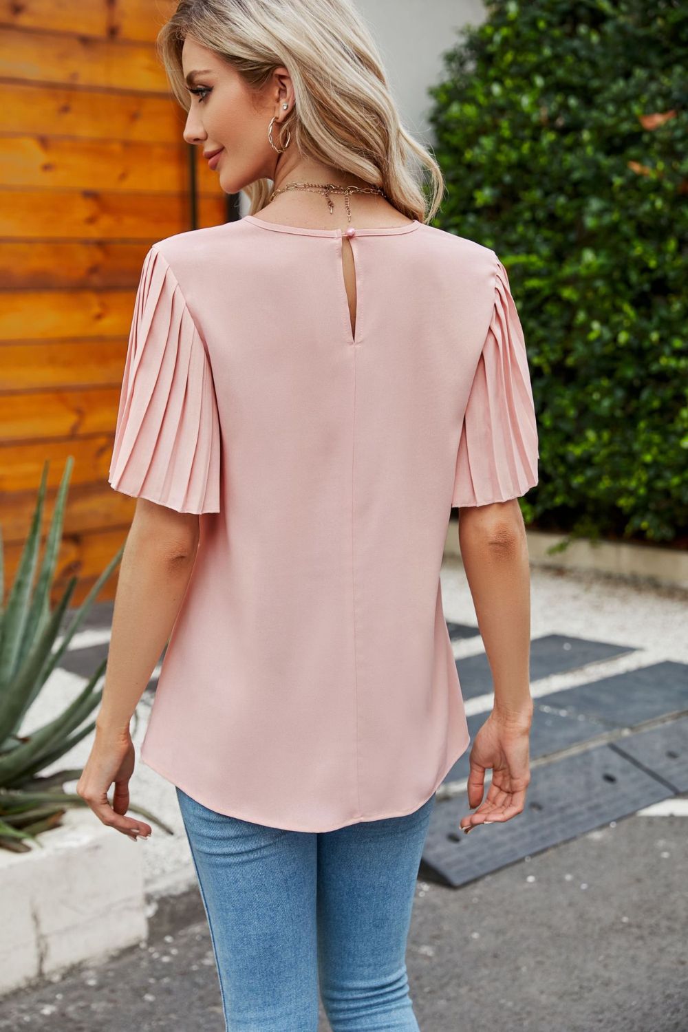 Pleated Flutter Sleeve Round Neck Blouse - Flyclothing LLC