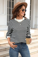 Striped Round Neck Dropped Shoulder Sweater - Flyclothing LLC