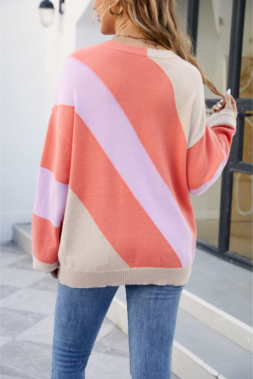 Color Block Ribbed Round Neck Sweater - Trendsi