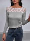 Lace Trim Long Sleeve Round Neck Tee - Trendsi