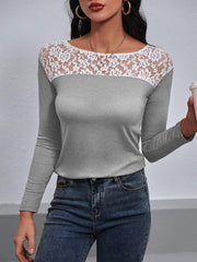 Lace Trim Long Sleeve Round Neck Tee - Trendsi