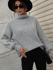 High Neck Balloon Sleeve Rib-Knit Pullover Sweater - Flyclothing LLC