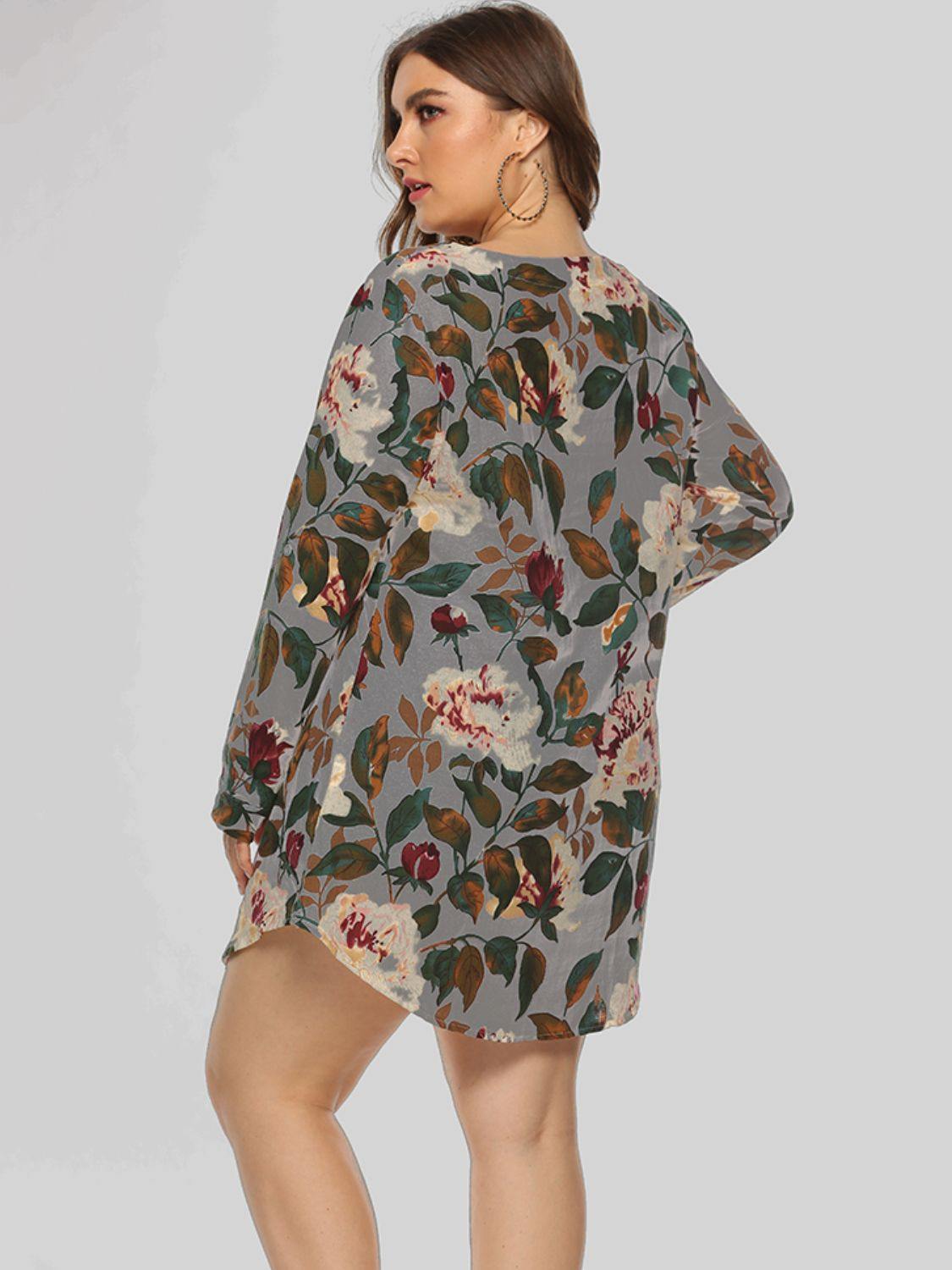 Full Size Floral Long Sleeve Mini Dress - Flyclothing LLC