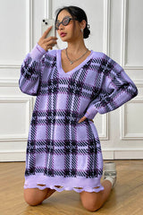 Plaid V-Neck Long Sleeve Sweater Dress - Flyclothing LLC