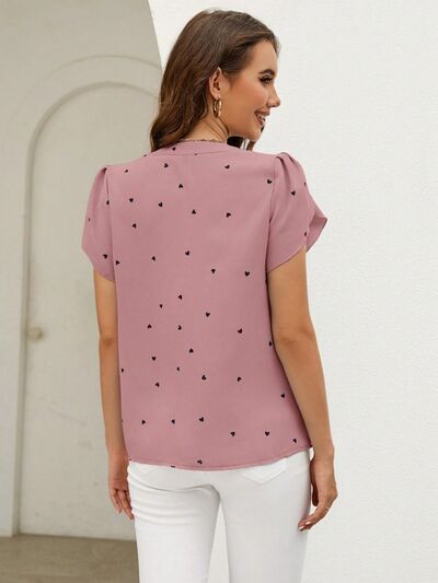 Heart Print Notched Petal Sleeve Blouse - Flyclothing LLC