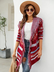 Fringe Geometric Hooded Long Sleeve Cardigan - Flyclothing LLC