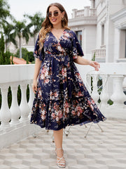 Plus Size Floral Surplice Neck Midi Dress - Flyclothing LLC