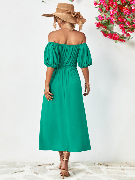 Off-Shoulder Balloon Sleeve Midi Dress - Flyclothing LLC