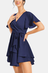 Surplice Neck Flutter Sleeve Dress - Flyclothing LLC