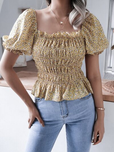 Frill Smocked Square Neck Short Sleeve Blouse - Flyclothing LLC