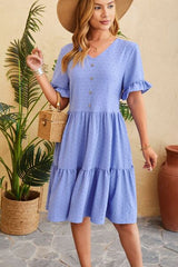 Swiss Dot Ruffled V-Neck Tiered Dress - Flyclothing LLC