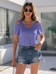 Decorative Button Round Neck Cold Shoulder T-Shirt - Flyclothing LLC