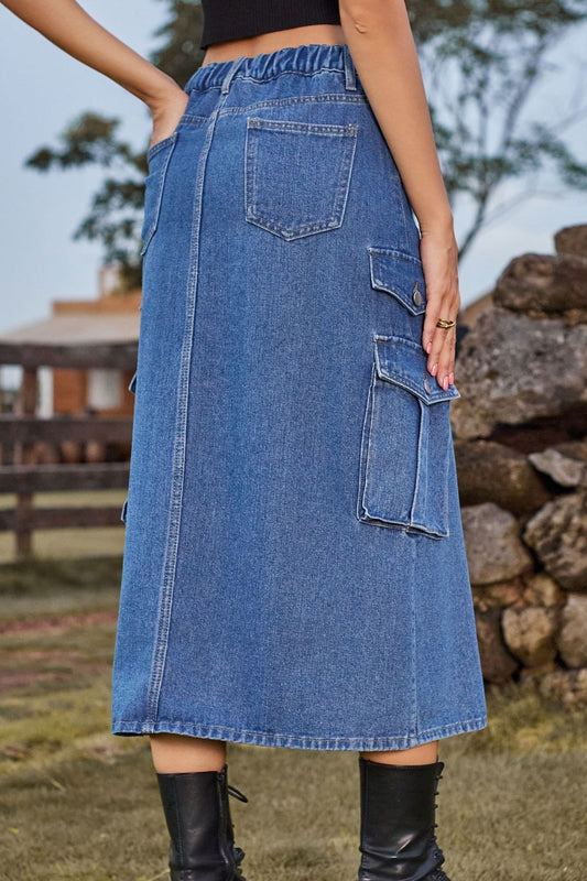 Slit Front Midi Denim Skirt with Pockets - Flyclothing LLC