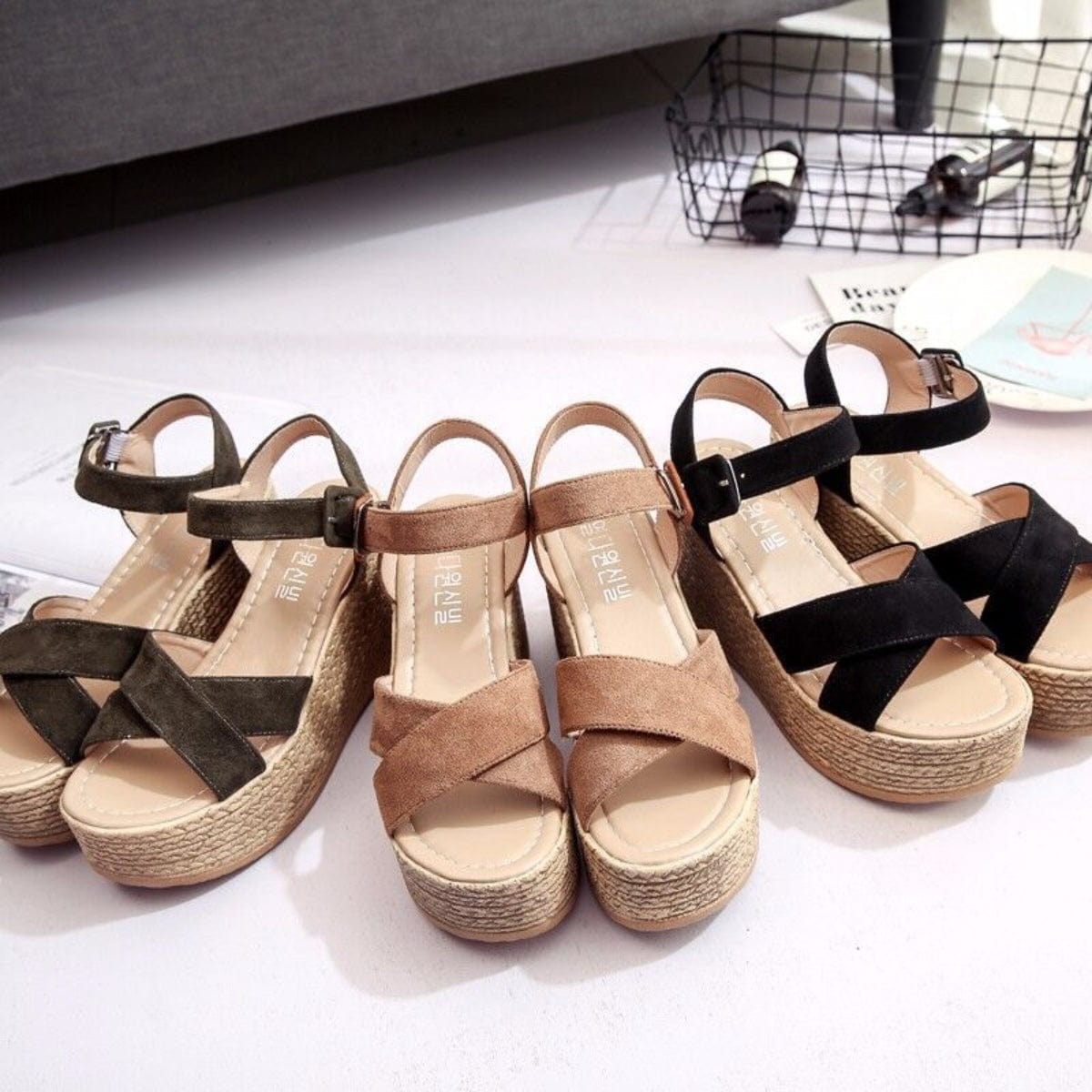 Crisscross Open Toe Wedge Sandals - Trendsi