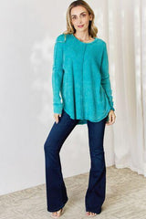 Zenana Oversized Washed Waffle Long Sleeve Top - Flyclothing LLC