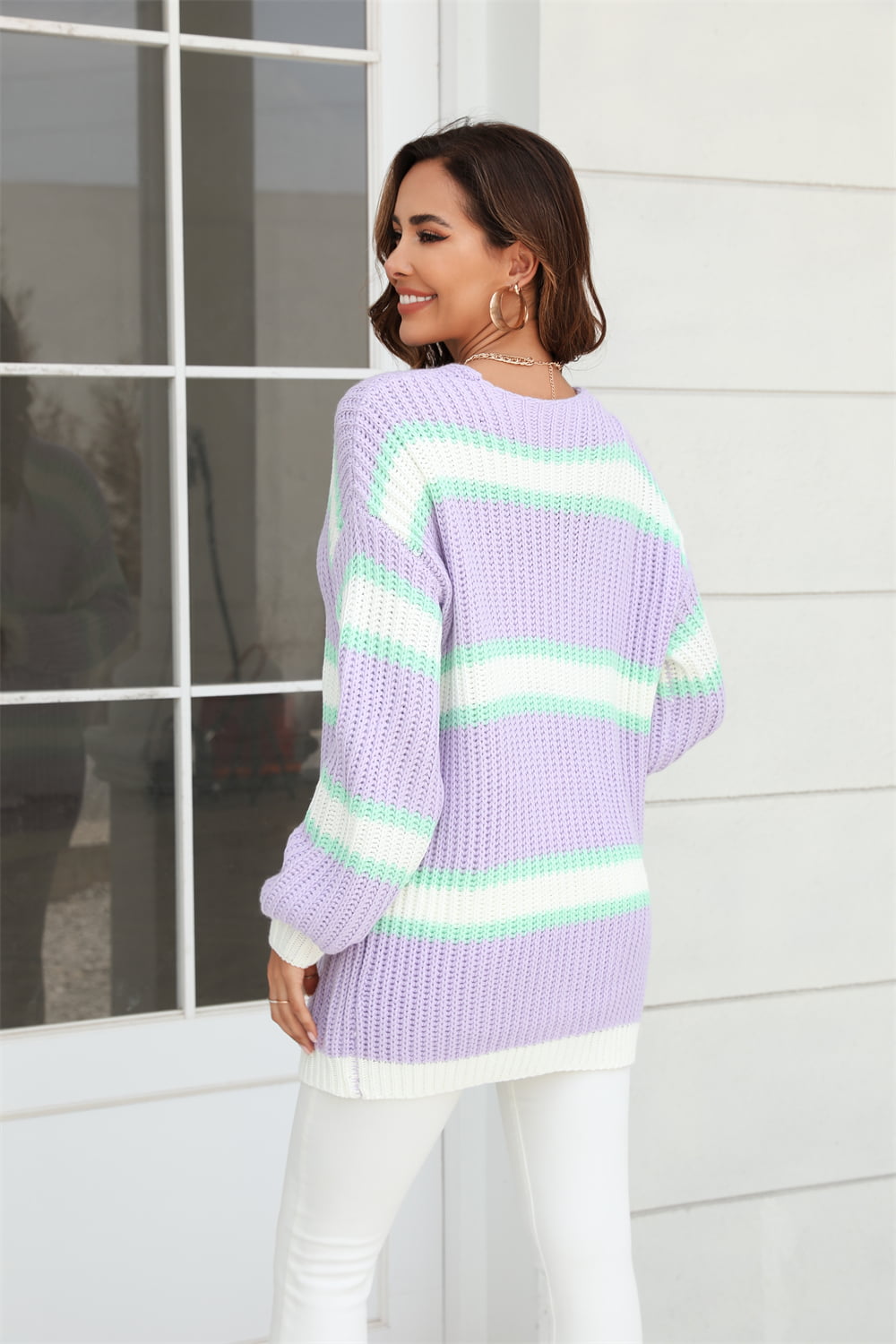 Color Block Ribbed Dropped Shoulder Open Front Cardigan - Flyclothing LLC