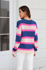 Color Block Round Neck Dropped Shoulder Sweater - Flyclothing LLC